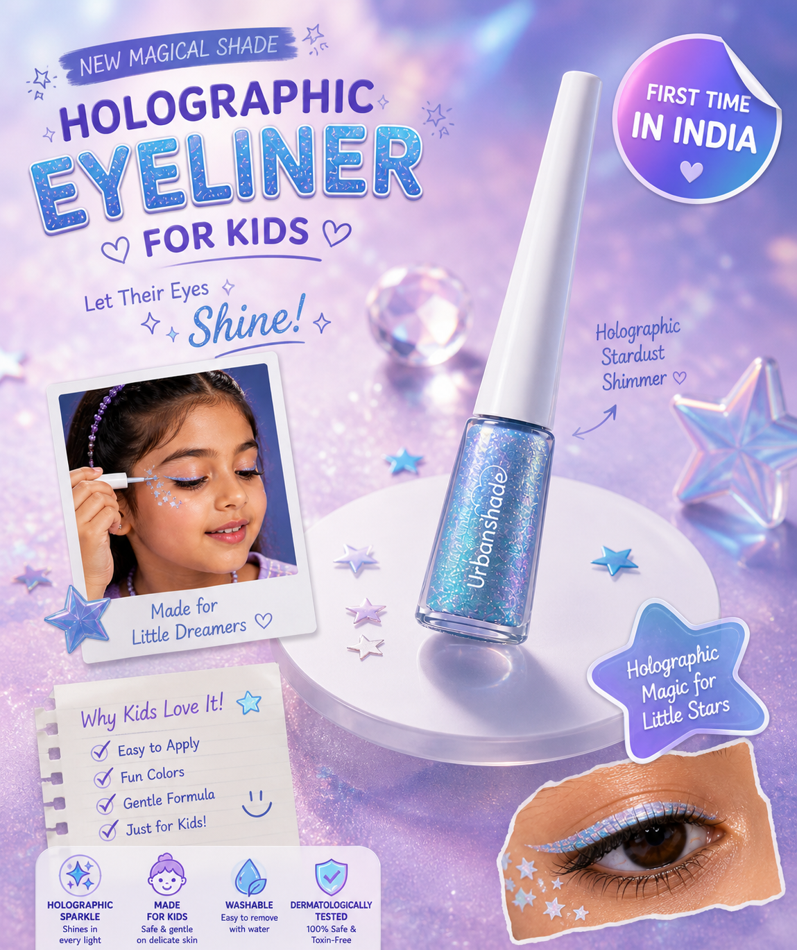 Kids Holographic Glitter Eyeliner - Comes With 3 Magical shades