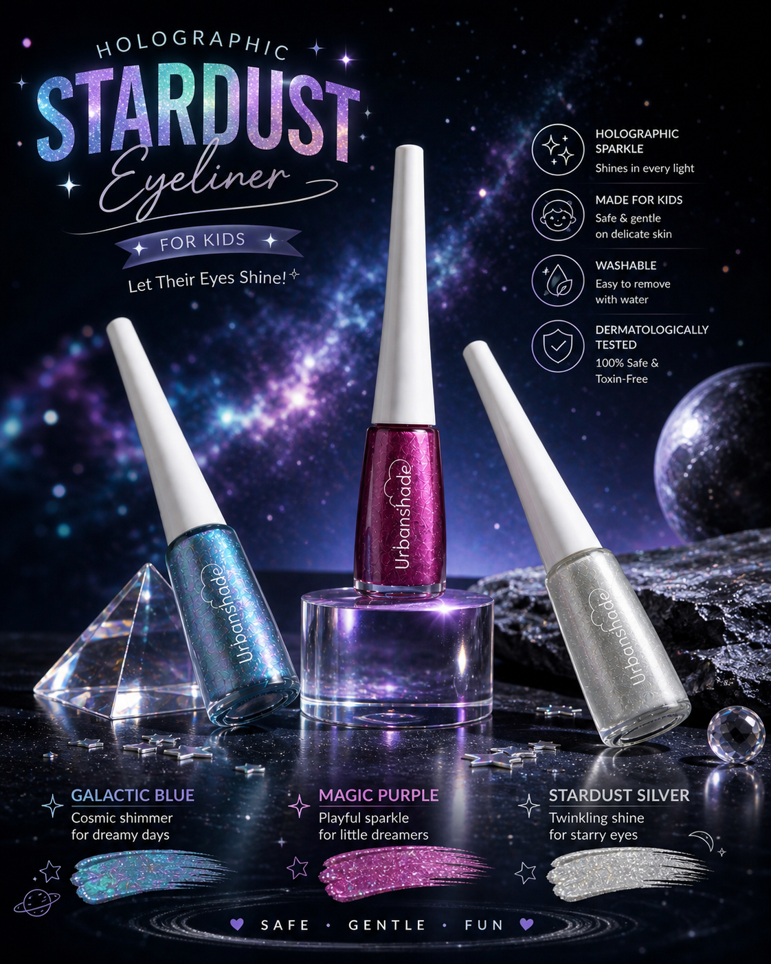 Kids Holographic Glitter Eyeliner - Comes With 3 Magical shades