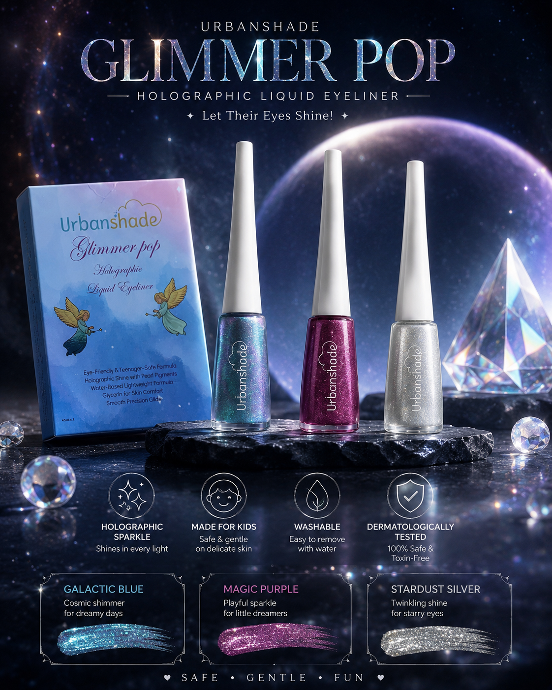 Kids Holographic Glitter Eyeliner - Comes With 3 Magical shades